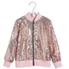 Куртки для мальчиков и девочек, весна-осень, для маленьких девочек, блестящие молнии, манжеты в рубчик, бейсбольное пальто с длинными рукавами, розовое золото, блестки, 231012