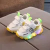 Athletic Outdoor 2023 Children LED Light Shoes Baby Girls Boys Letter Mesh Sport Run Sneakers Shoes with Luminous Sole Baby Light Up Shoes F12122 YQ231012