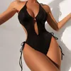 Women's Swimwear Summer Ladies Solid Swimsuit V Neck Lace Up Sexy Hollow High Waist Bikini One Piece Fashion Beach Holiday Biquinis 2023