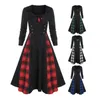 Casual Dresses O-neck Long Sleeve Midi Dress Women Elegant Plaid Print Double Breasted A-line Night Party Skater