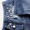 Kvinnors västar damer denim väst ärmlösa lapel lyxiga pärlor Autumn jeans jacka vintage hip hop streetwear höst vårmäster