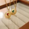 Pendant Necklaces ZJ Vintage Wheat Texture Geometric Oval Red Green Cubic Zirconia Charm Water-wave Chain Choker Necklace Stainless Steel