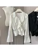 Damenblusen, elegant, Vintage, formelle Damen, V-Ausschnitt, koreanische Bürodame, süße lässige Pullover-Hemden, Schnürung, Frühling, Sommer, Streetwear