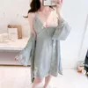 Mulheres sleepwear cetim robe terno com chemise camisola de renda perspectiva quimono roupão vestido verão sexy loungewear com decote em v sleepdress