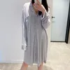 Ropa de dormir para mujer Qweek Modal Camisa Cardigan Soft BasicCasual Rodilla Longitud Vestido de noche Loungewear Coreano