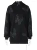 brand clothing Women's Hoodies 2023 Autumn Winter Butterfly Diamond Black Hooded Sweater Spring Long Sleeved Lazy Style Loose Top