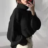 Kvinnors blusar Kvinnor Långärmad topp i fast färg stickad tröja mysig stilfull vinter hög krage vindtät design elastik