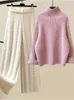 Pantalon de deux pièces pour femmes hiver chaud 3 ensembles tenues bureau dames col roulé tricoté pull en laine Parkas gilet jambe large tricot 231011