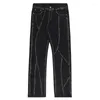 Herren Jeans Retro Männer Washed Distressed Straight Denim Hosen High Street Patchwork Gestreifte Hosen Hip Hop Casual Streetwear Y2k