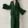 Vêtements de nuit pour femmes, ensemble assorti Style Kimono, pyjama en coton, crêpe, manches longues, hauts avec ceinture, pantalon, vêtements de maison, 2023