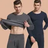 Roupa interior térmica masculina conjunto de pijamas de poliéster quente longo johns sólido mais veludo macio inverno grosso alto elástico