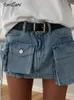 Kjolar kontturi sommar y2k streetwear tie färgämne jeans för kvinnor 2023 hög midja asymmetriska fickor blå denim minikjol