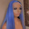 Brasiliansk blå färg rak spetsfront peruk färgade blå mänskliga hår peruker för kvinnor remy förpluckade syntetiska spetsstängning peruker
