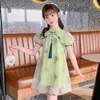 Mädchen Kleider Sommer Chiffon Kleid 2023 Prinzessin Cheongsam Chinesischen Stil Rollkragen Puff Sleeve Stickerei Druck Nette Kinder