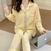 女性用スリープウェア大型サイズルーズパジャマ刺繍黄色の格子春と秋の長袖のズボン家庭服