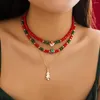 Colares Pingente Coreano Bonito Vermelho / Verde Cristal Frisado Clavícula Colar Moda Metal Árvore de Natal Boneco de Neve Jóias