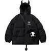 Męskie Down Parkas High Street Parkas Men Hip Hop Devil Horns Projektant ogona Zakapi Kurtki Zimowe zagęszcza płaszcze puffer z lalką 231011