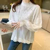 Blusas femininas branco bordado blusa feminina 2023 outono moda renda gola manga longa algodão topo senhoras elegante solto pulôver