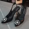 Sandálias 2023 verão strass renda salto alto apontado malha sapatos de casamento de dama de honra