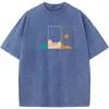 Men's T Shirts Geometric Contrast Color Mountain Men Washed T-Shirt Summer 230g Cotton Bleached Tshirt Vintage Loose Casual Bleach Shirt