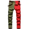 Mäns jeans Multicolor Green Red Stitching Men Slim Skinny Stretch Streetwear Hip Hop Contrasing Colors Elastic Denim Pants