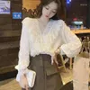 Kvinnor BLOUSES SPRING Autumn French Solid Color Women Blus Chic Sweet Ladies Elegant Woman Apricot Puff Sleeves Topps Female A536