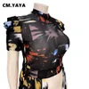 Camicette da donna Camicie CM.YAYA Taglie forti Donna Tie Dye Mesh See Though Puff Manica corta Abito lungo con spacco alto Camicie stile camicetta Top Estate Primavera 231011