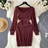 Sukienki swobodne kobiety Chicki długie rękaw V Seksowna Slimon BodyCon Knit Sukienka