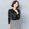 Luxury Silk Top Ribbon Bow Green Bluses Woman Designer Långärmad Autumn Winter Runway Satin Solid Work Blus Formal Office Ladies Simple Fashion Tops Plus Size