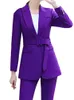 Calças femininas de duas peças roxas longas mulheres blazer e calças 2 peças conjunto terno de duas peças com cinto outono escritório preto casaco faixas negócios S-4XL 231011