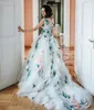 Princesa 3d apliques florais vestido de casamento 2024 luz azul renda pura pescoço uma linha longa tule vestidos de noiva romântico chique vestidos de noiva feitos sob encomenda