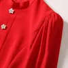 Casual Dresses ZJYT Elegant Lantern Sleeve Red Party For Women 2023 Autumn Fashion Midi Vestidos Simple Crystal Buttons Robe