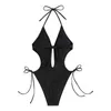 Women's Swimwear Summer Ladies Solid Swimsuit V Neck Lace Up Sexy Hollow High Waist Bikini One Piece Fashion Beach Holiday Biquinis 2023