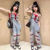 Trousers Girls Denim Strap Pants Mesh Red Summer 2023 Kids Jumpsuits Fashionable Jeans Only Overall Pant