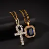 Ägyptischer Ankh Schlüssel des Lebens Bling Strass Kreuz Anhänger mit rotem Rubin Anhänger Halskette Set Männer Hip Hop Schmuck275m