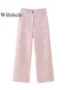 Calças femininas s willshela mulheres moda rosa bordado frontal zíper perna larga vintage cintura alta comprimento total feminino chique senhora calças 231012