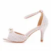 Klänningskor Crystal Queen White Pearl Sandals Women Open Toe High Heels Lady Luxury Wedding Shoes Banket Dress Stiletto 231012