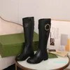 2023-Designer Shoes Women's Knee Boots Black Cowhide Ladies Block Heel Knee High Grip Sole Zip Riding Western Boots Shoes Heel height 4cm