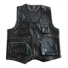 Men's Vests Leather Multi Pocket Vest V-neck Fashion Casual Men Slim Fit Cowhide Genuine