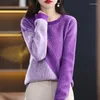 Kadın Sweaters Bahar 2023 Kadın Yuvarlak Boyun Külot Merino Yün Sweater Örme Uzun kollu renk kontrastlı termal ventilasyon