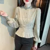 Kvinnor Bluses Women 2023 Fashion Crewneck Puffy Sleeve Stretch Poplin Shirt Vintage Elegant Chic Female White Tops