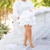 Plus Size Dresses African Women White Party Dress Vintage Puff Sleeve Cute Ruffle Tiered Layered Summer Spring Ladies Club Mini258P