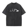 Men's T Shirts Excavator Washed T-Shirt Men Cotton Heartbeat Of Bleached Man Clothing Bleach Shirt