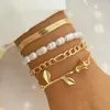 Charm Bracelets Multilayered Gold Color Set For Women Pearl Rose Flower Cuban Chain Bangles Vintage Jewelry Party Gifts