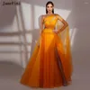 Vestidos de festa janevini luxo laranja beading dubai noite um ombro mangas capa árabe elegante vestido feminino para casamento 2023