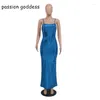 Robes décontractées Spaghetti Strap Slim Bodycon Sexy Longue Summer Pu Robe Femmes 2023 Glitter Métallisé Élégant Maxi Une Ligne Party Bleu Vert