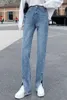 Jeans pour femmes 2023 Femmes Pantalons évasés noirs Avant Side Slit Jambe Printemps Taille haute Bell Bottom Full Longueur Denim Vêtements