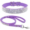 Cat Collars Leads Suede Leather Dog Collar Leash Set Rhinestone Crystal Soft Material Adjustable Small Dogs Cat Pets Collars Leads Chihuahua 231011