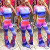 Women's Two Piece Pants CINESSD 2023 Fashion Tie-Dye Gradient Short Sleeve Round Neck Top Slim Flared Suit