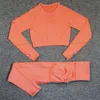 Yoga Outfit Seamless Tight Set Sports Long Sleeve Leaky Umbilical Top Fitness High Waist Leggings 2 Pc's and Suit 231012